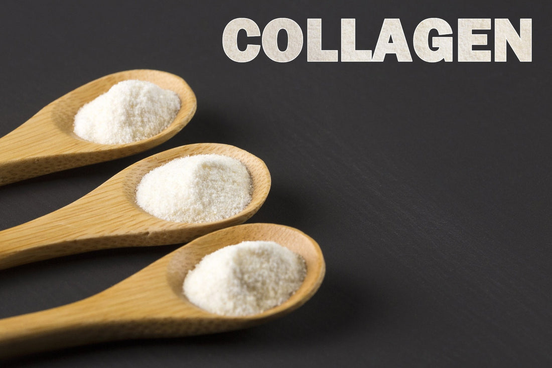 Three wooden spoons with a white collagen protein.