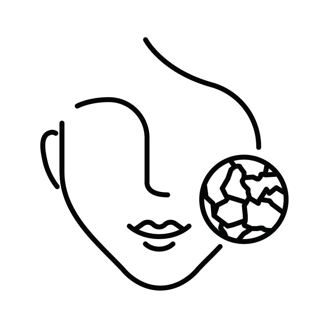 Line drawing ouline of a woman's face with a circle representing wrinkled skin.